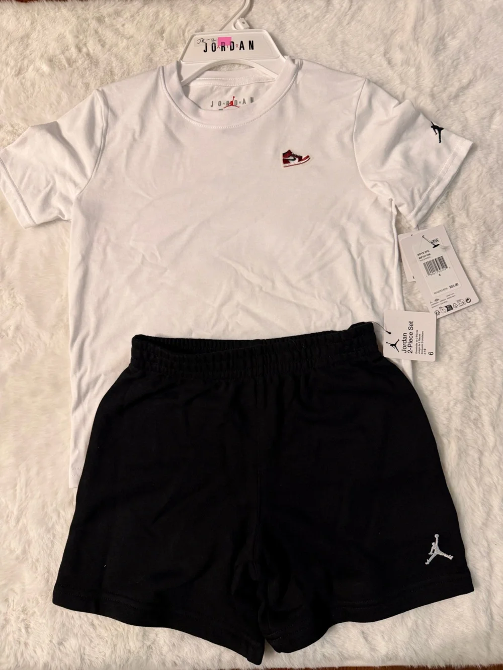Jordan White Tee with Black Athletic Shorts
